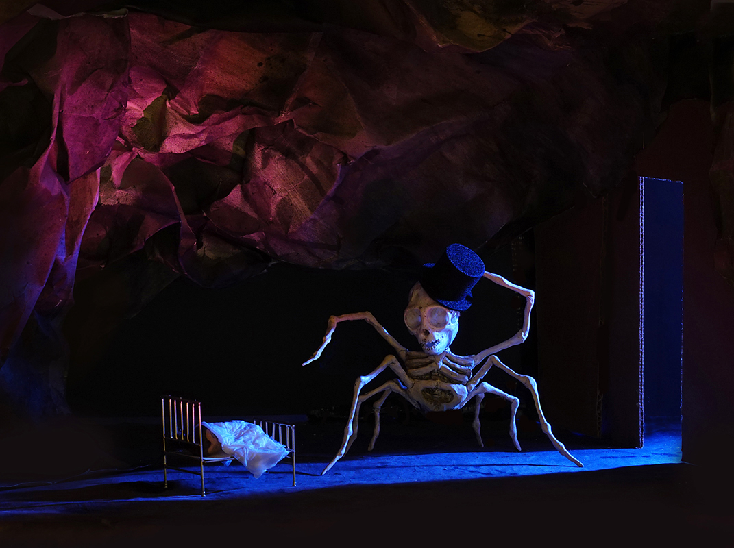 Surrealism, dream, nightmare, skull, skeleton, spider, bed, asleep, doorway, bedroom door, monster, ghost, hat, macabre, scary